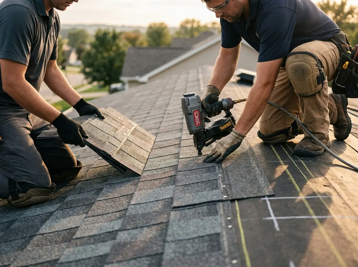 Professional roofer working on a residential roof in Racine